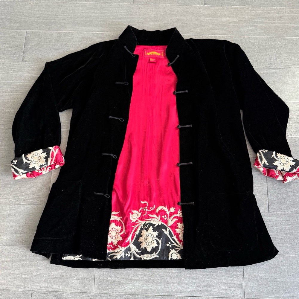 Shanghai Tang Black Velvet Chinese Mandarin Jacket Silk Embroidered Lining US 14 - Picture 14 of 16